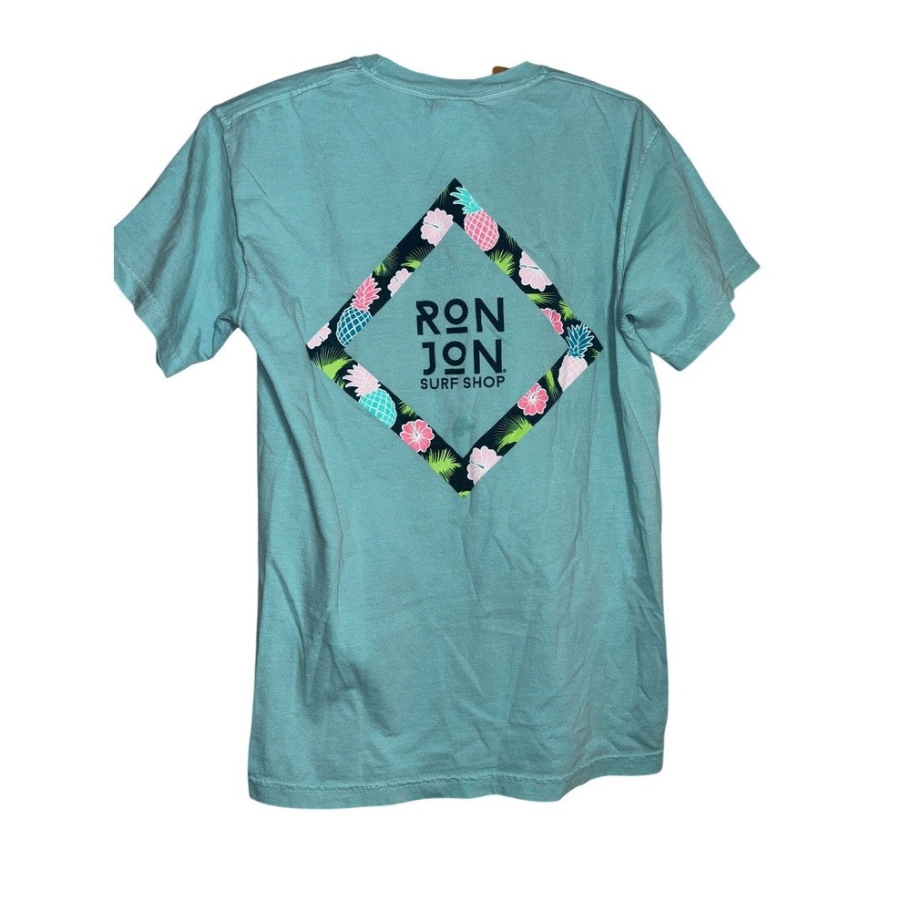 Ron‎ Jon Surf Shop Comfort Colors T-Shirt Small Aqua Blue Pineapple Pocket Tee
